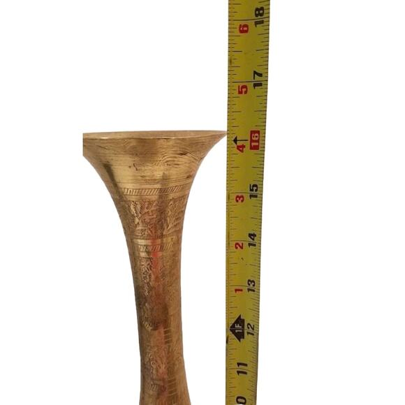 16” Etched Brass Vase Floral Pattern India 1970's Vintage Tall Vase Home Decor - Picture 4 of 4